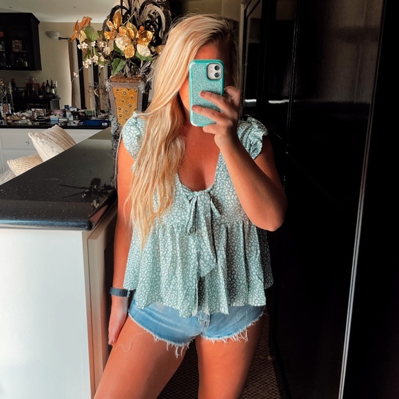 SHEIN - Sage Green - Tie Front Ruffle Top - Picture 1 of 8